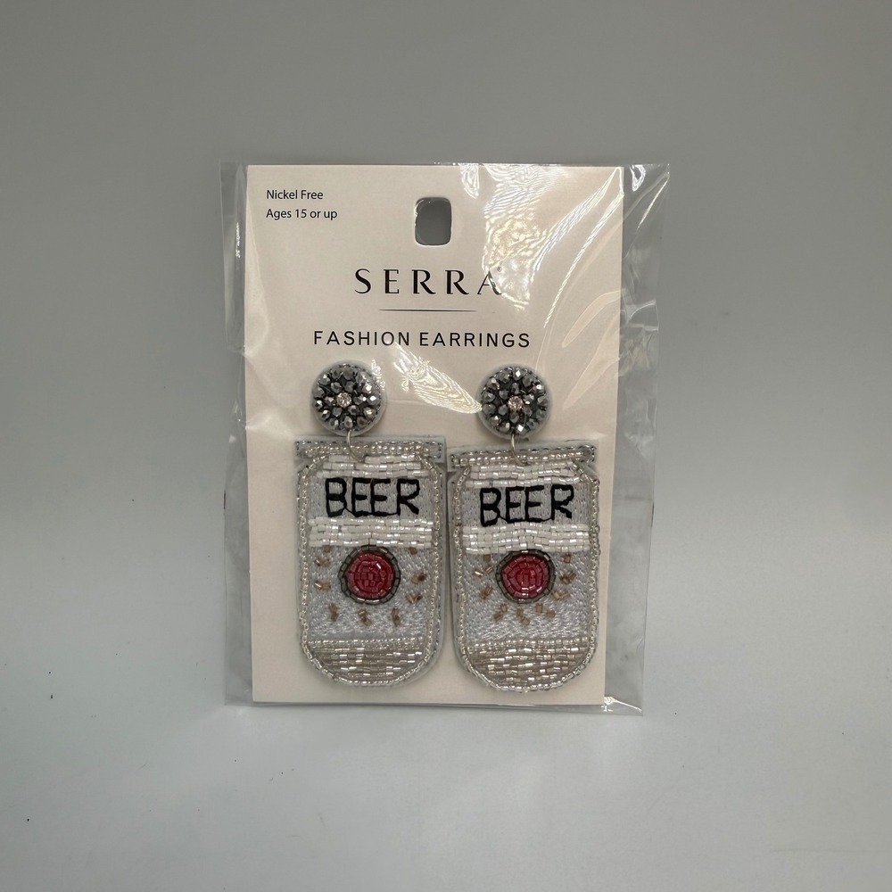 Aldi Serra Beaded Beer Can Drop Earrings Nickel Free Novelty Silver White New